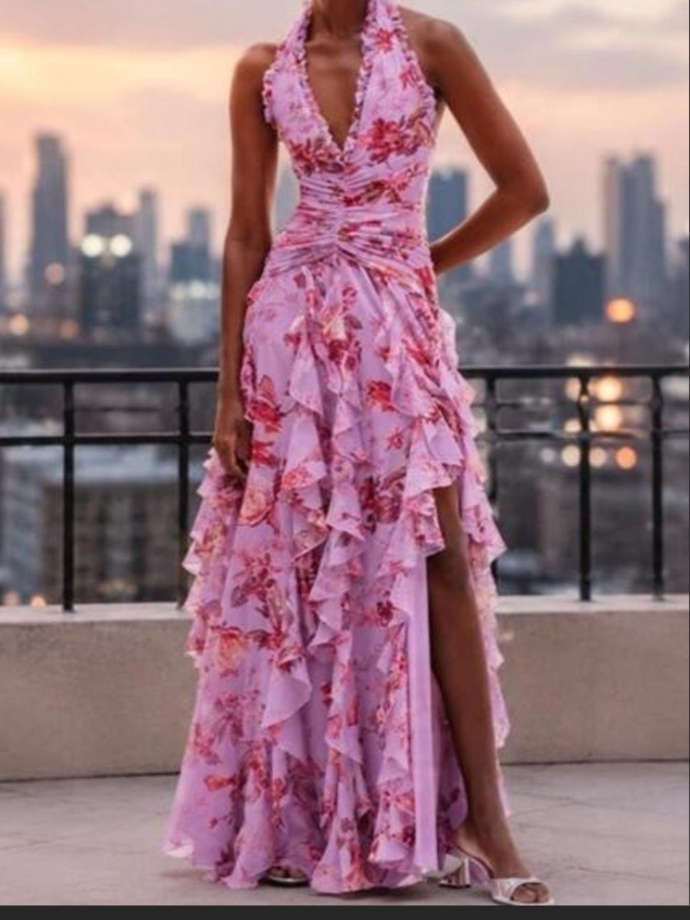 Pink Floral Halter Ruffle Maxi Dress